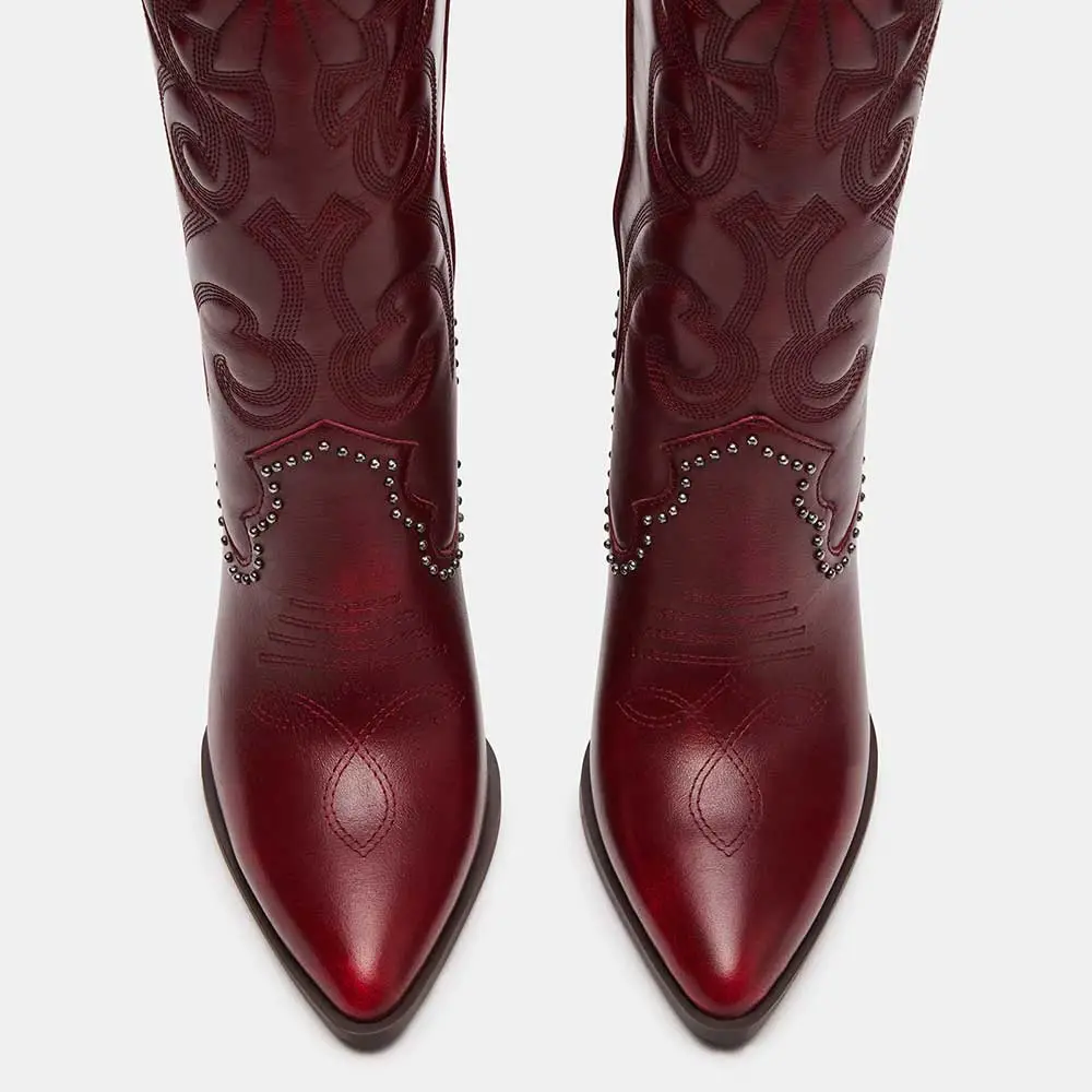 Faux-Leather Embroidered Studded Pointed-Toe Knee-High Boots