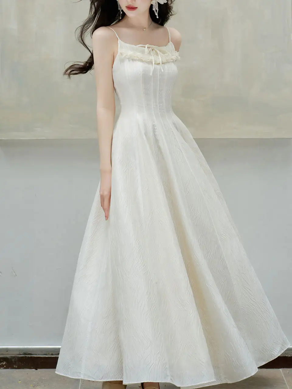 Bow Ruffle Jacquard Romantic Maxi Dress