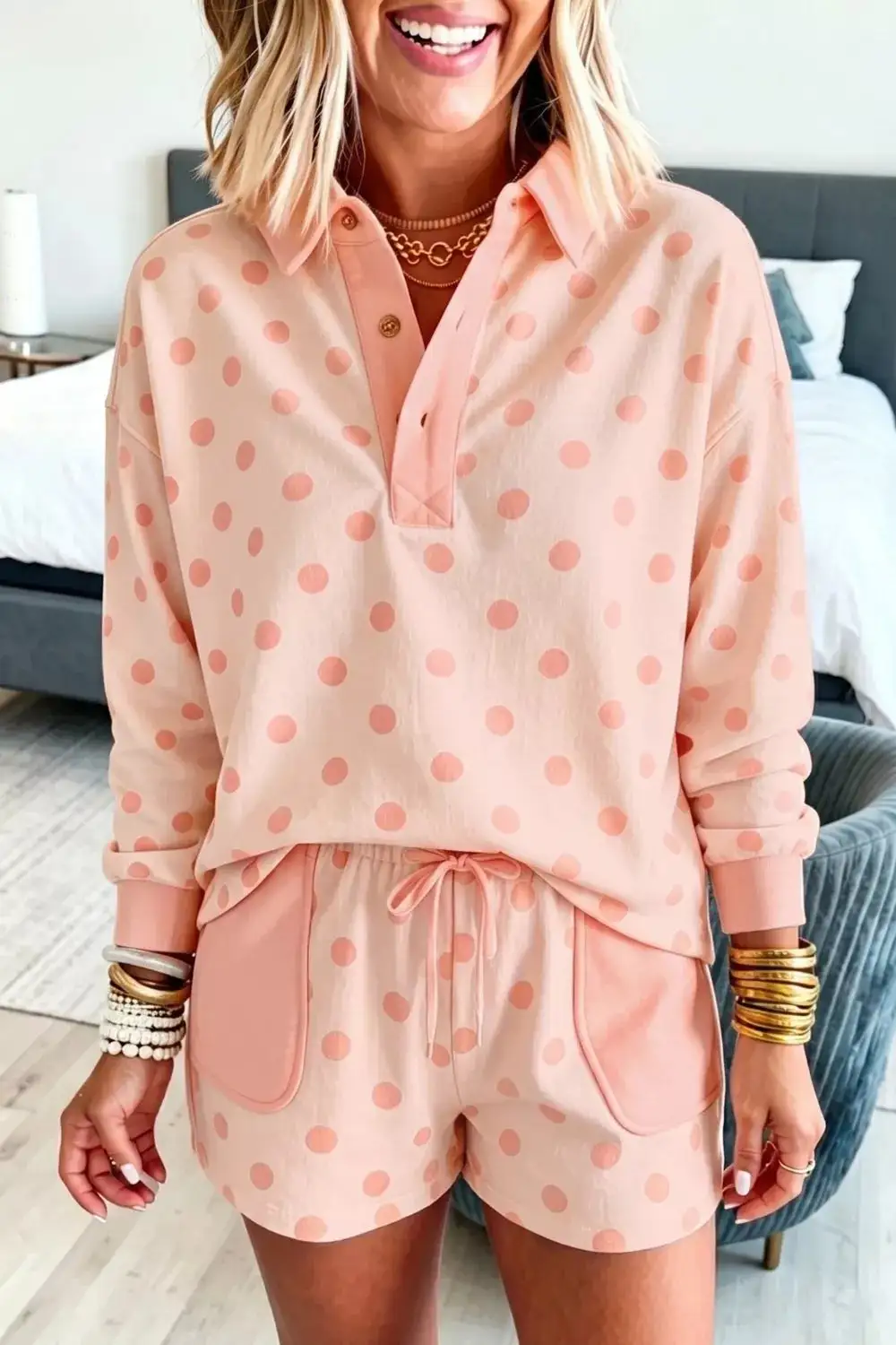 Polka Dot Drop Shoulder Polo Loose Pullover Patch Pocket Casual Shorts Set