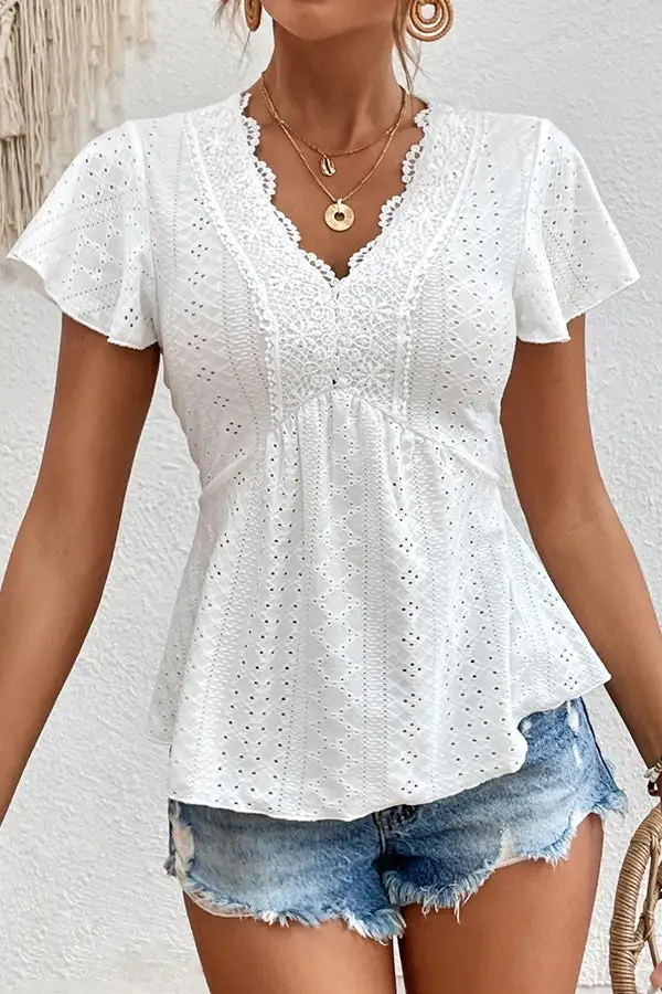 Patchwork V Neck Solid Casual Top