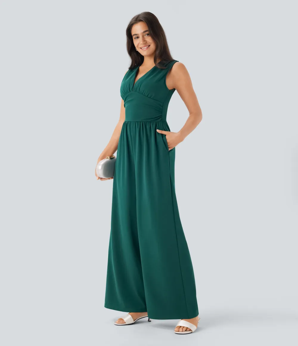 SculptKnit V Neck Sleeveless Ruched Pocket Jumpsuit-Easy Peezy