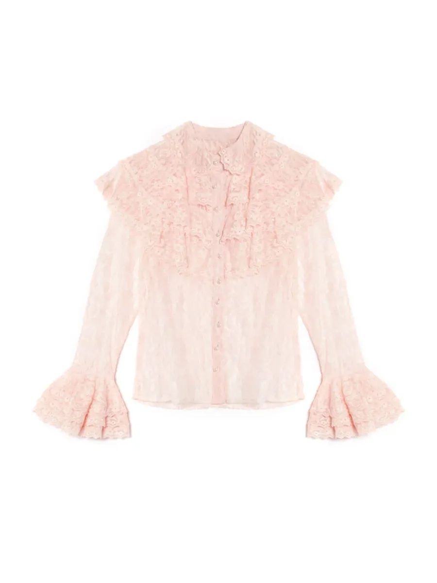 Casual Regular Lace Ruffle Blouse
