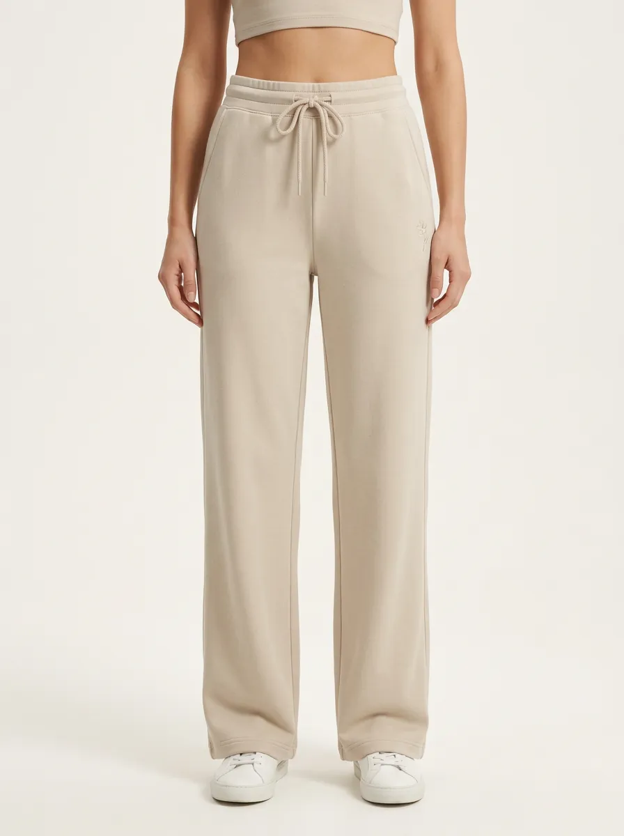 Women's Minimalist Solid Beige Embroidered Printed Sweatpants