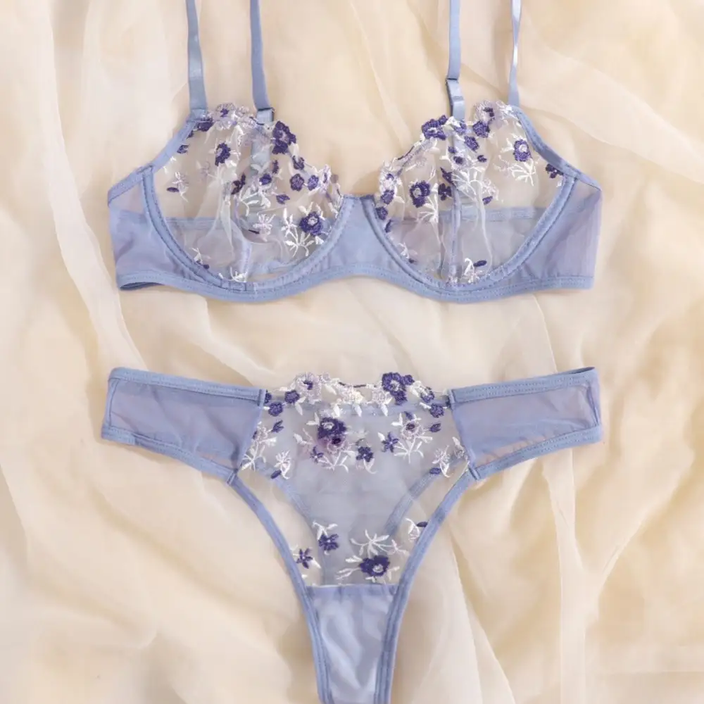 Floral Mesh Thong Lingerie Set