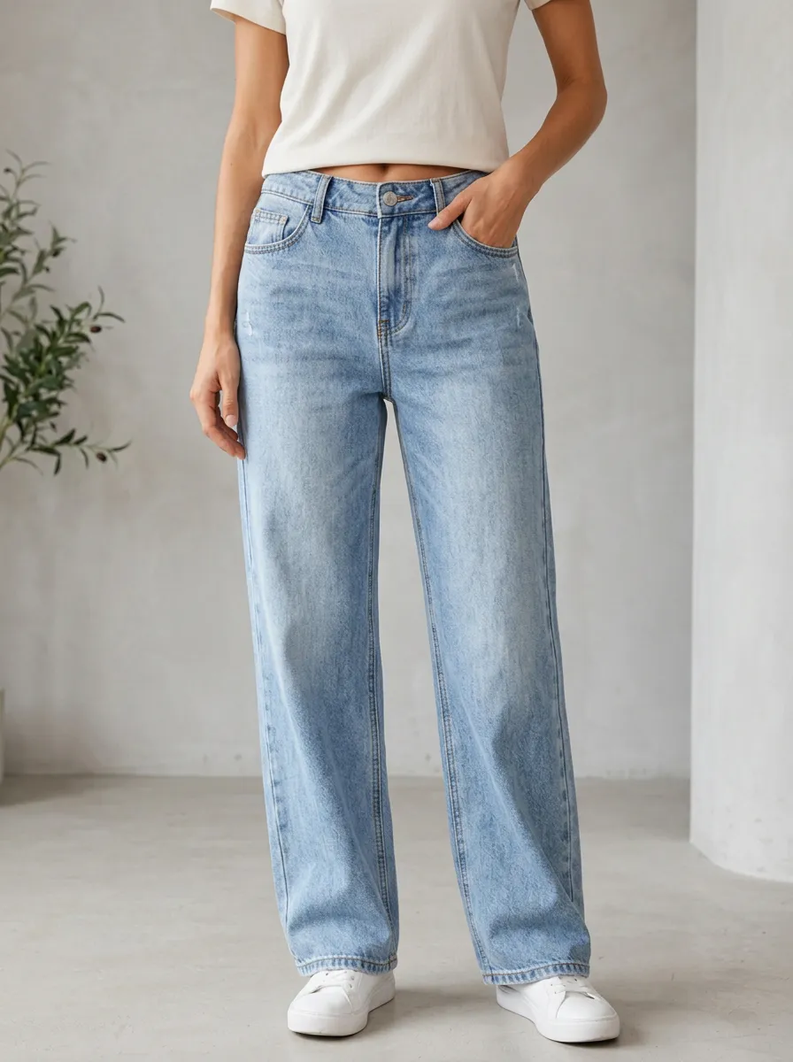 Women's Casual Fashion Light Wash Distressed Wide Leg Jeans