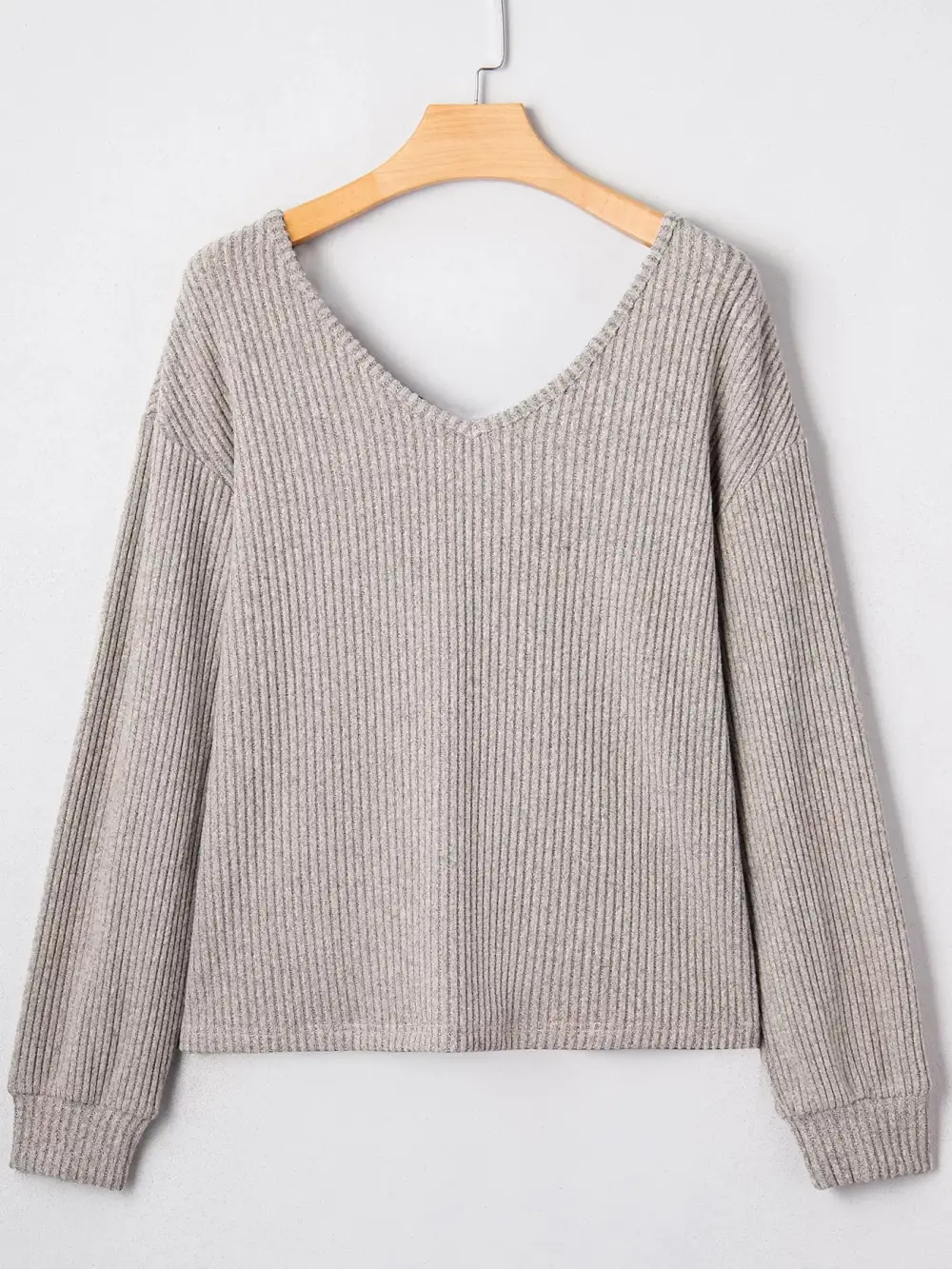 Ribbed V Neck Contrast Ribbon Bow Back Drop Shoulder Long Sleeve Top