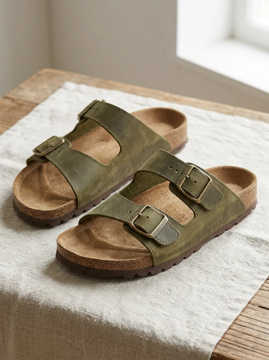 Unisex Everyday Leather Two-Strap Buckle Cork Sandals