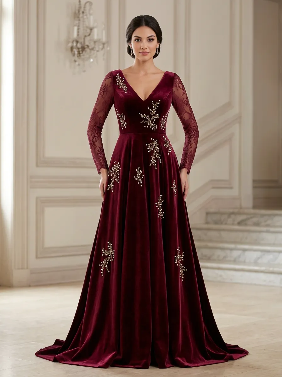 Women's Velvet Floral Beaded Embroidered Evening Gown