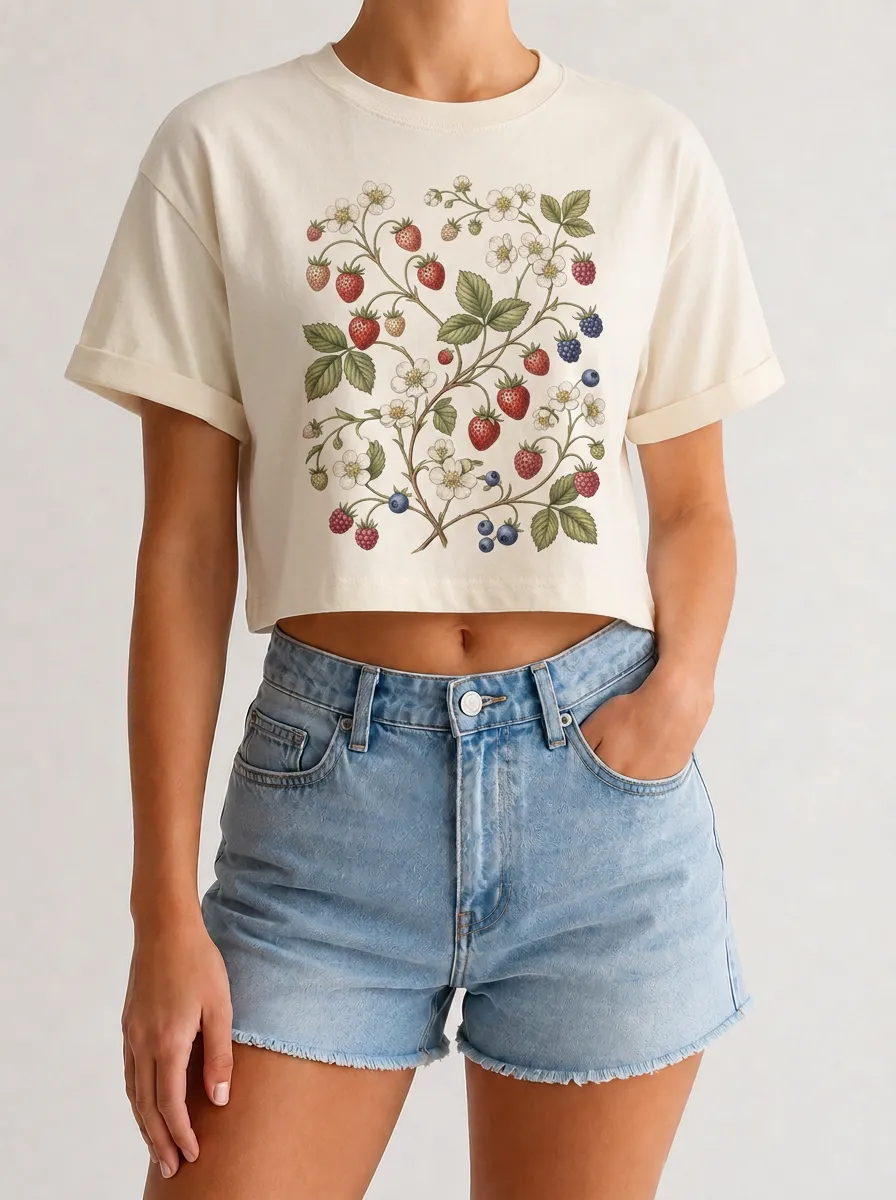 Women's Botanical Strawberry Berry Printed Crop Top