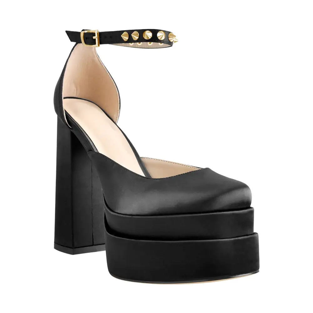 Rivet Square Toe Double Platform Chunky Heel Ankle Strap Pumps