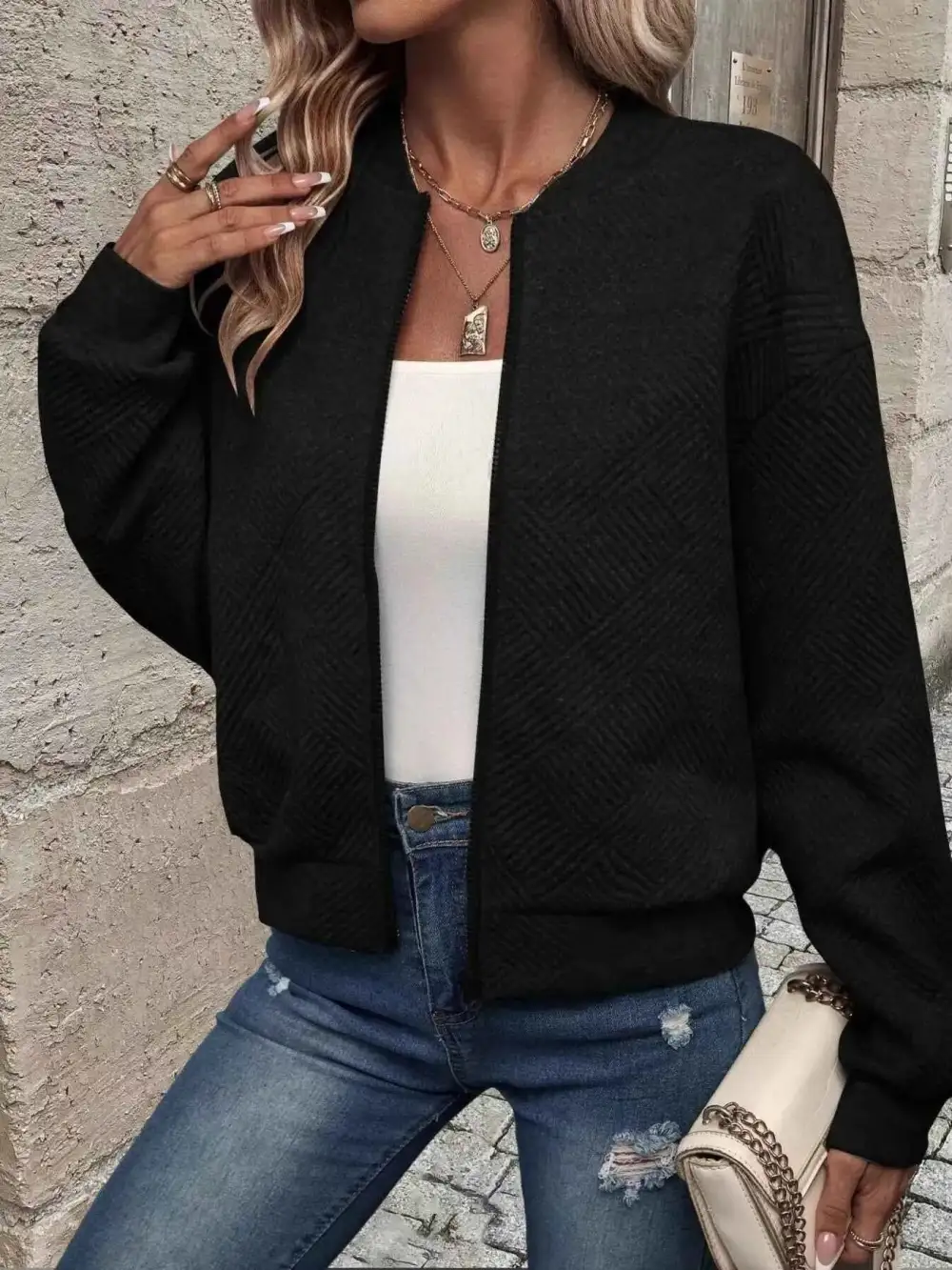 Plus Size Zip-Up Long Sleeve Textured Jacket