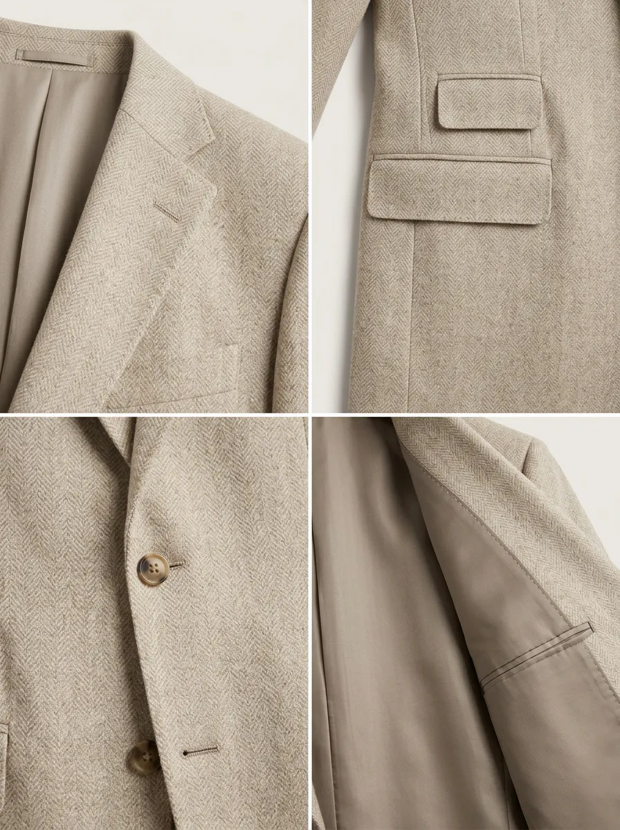 Notch-Lapel Two-Button Herringbone Textured Men's Tailored Blazer Jacket