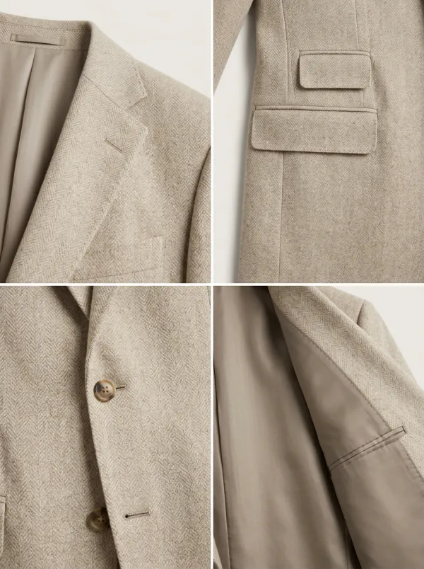 Notch-Lapel Two-Button Herringbone Textured Men's Tailored Blazer Jacket