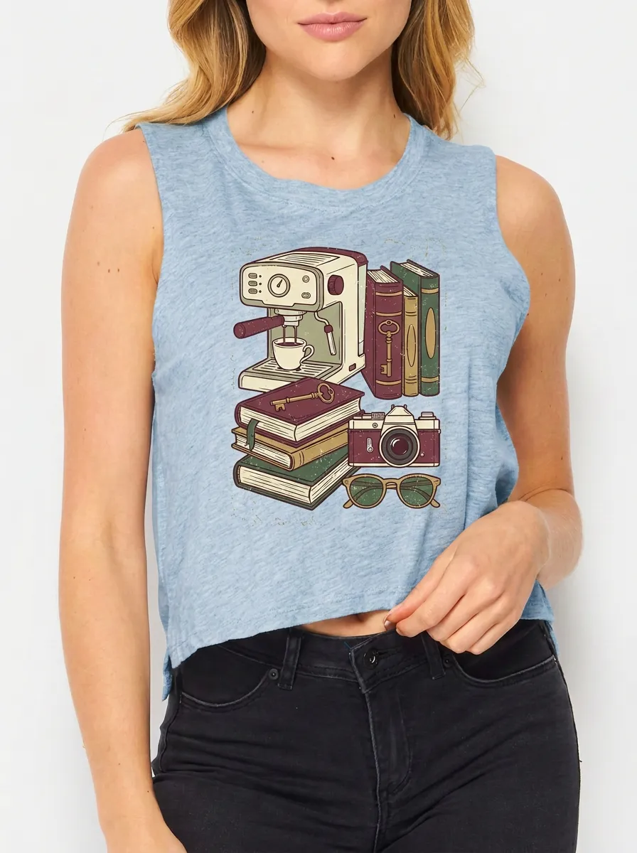 Women's Coffee Book Camera Lover Printed Muscle Tank Top