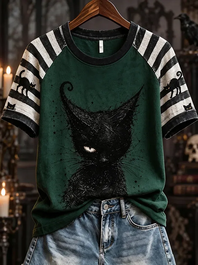 Women'S Autumn Halloween Black Cat Art Printed T-Shirt