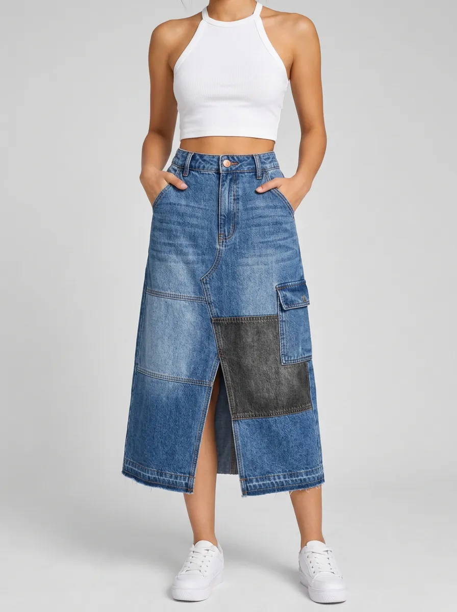 Women's Casual Streetwear Patchwork Denim Split Midi Skirt