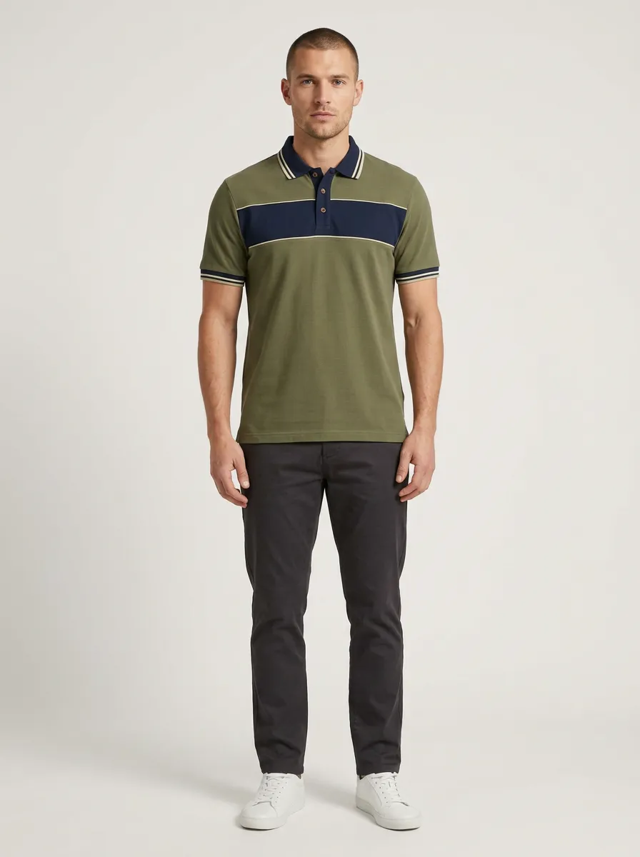 Men's Casual Olive Navy Colorblock Striped Polo Shirt