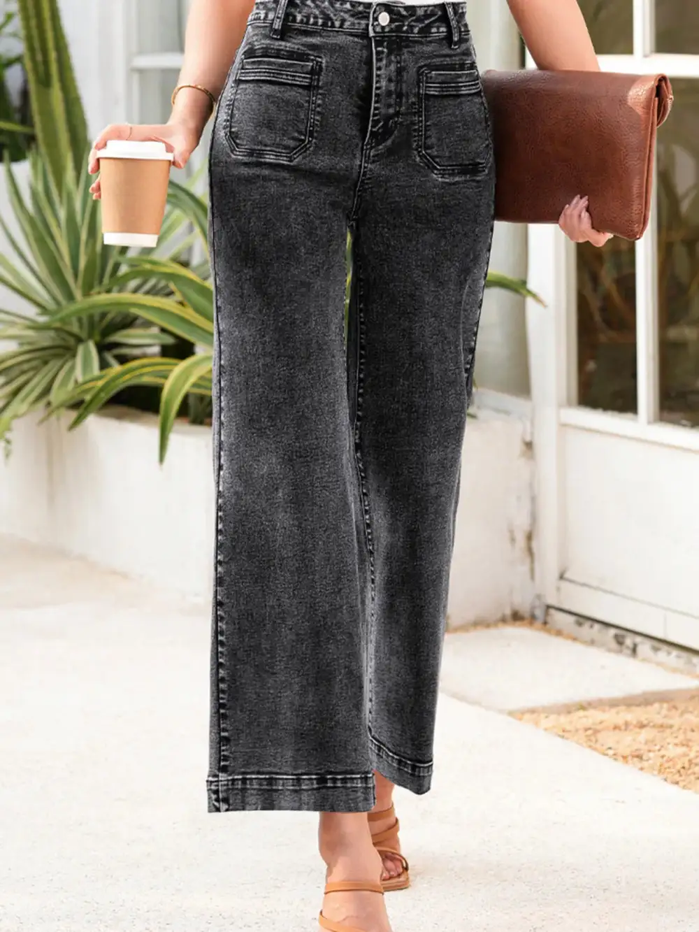 Textured High Waist Wide Leg Washed Denim Jeans