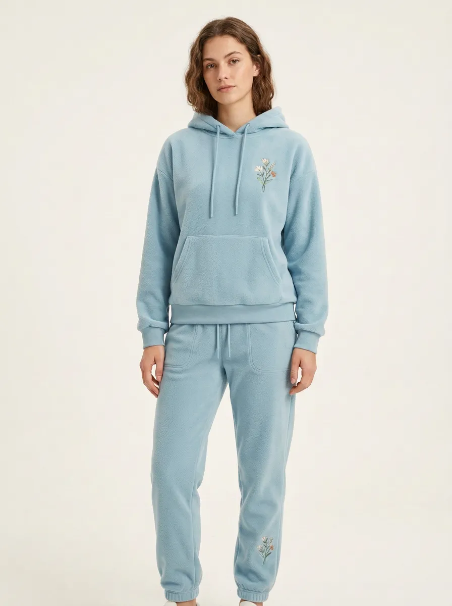 Women's Floral Embroidered Hoodie And Tapered Jogger Fleece Lounge Set