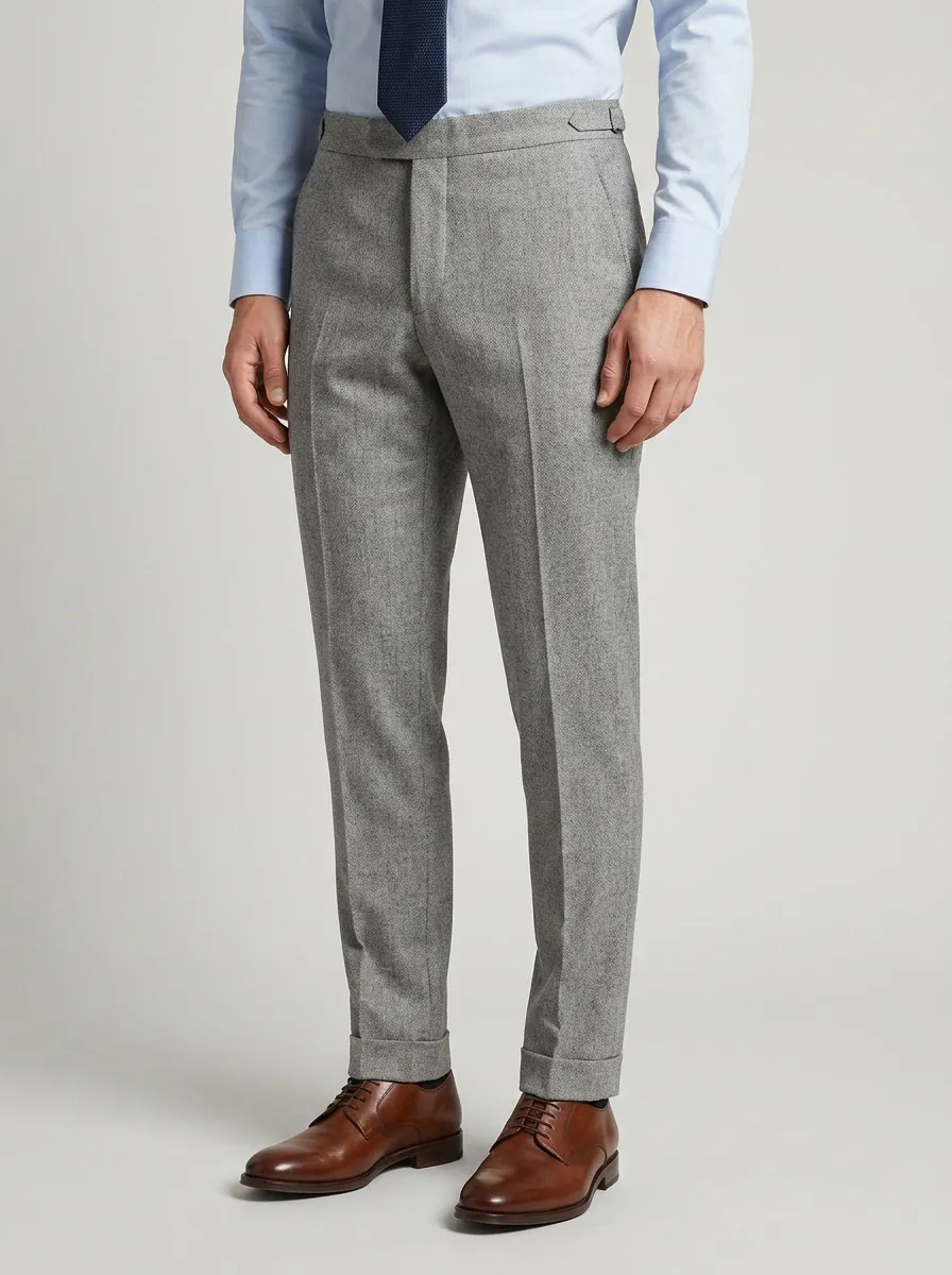 Side-Adjuster Herringbone Textured Straight-Leg Men's Tailored Suit Trousers
