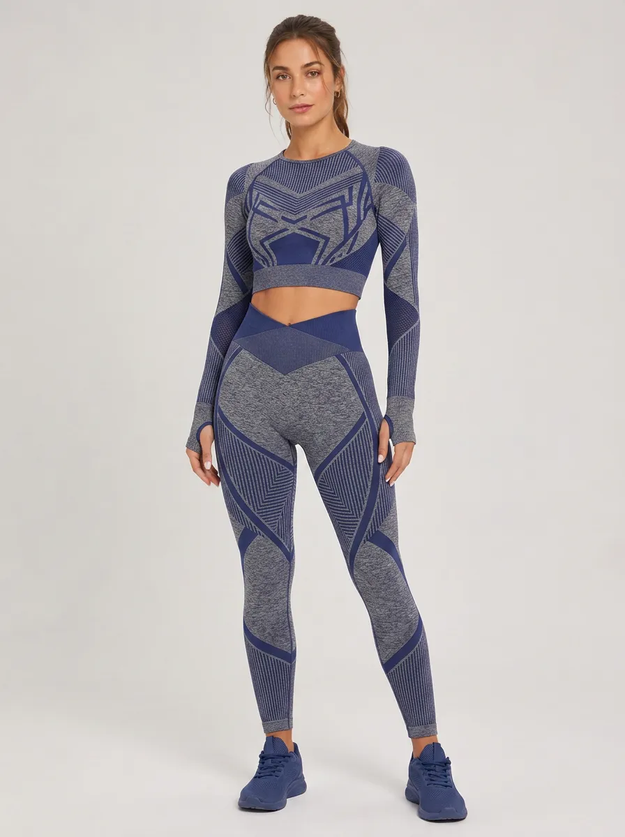 Women's Navy Blue Geometric Pattern Seamless Activewear Set