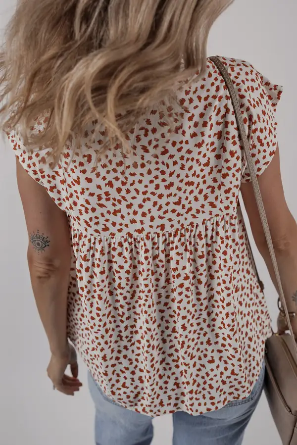 Red Printed Embroidery Detail Tie Split Neck Blouse
