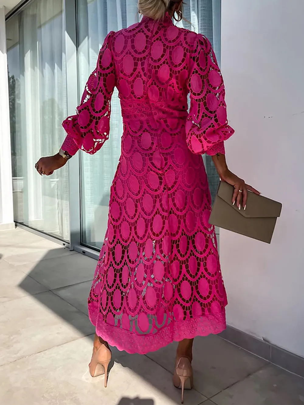 Boho Eyelet Mock-Neck Long-Sleeve Evening Maxi Dress