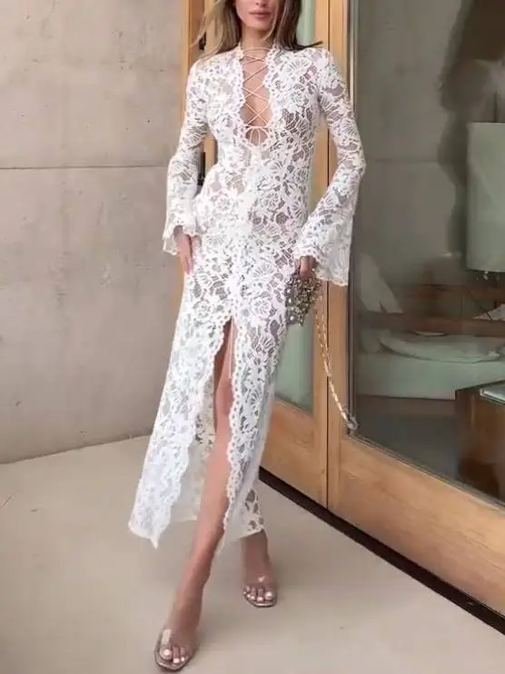 V Neck Tie Strap Lace Midi Dress