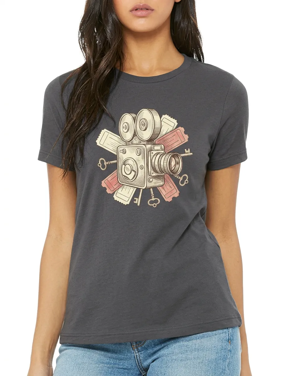 Women's Movie Lover Vintage Camera Tickets Keys Printed T-Shirt