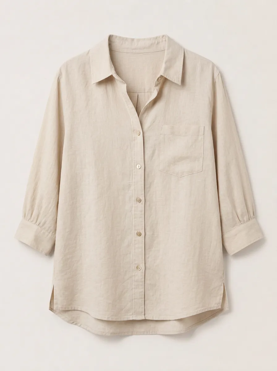 Women's Beige Cotton Linen Button Down Shirt