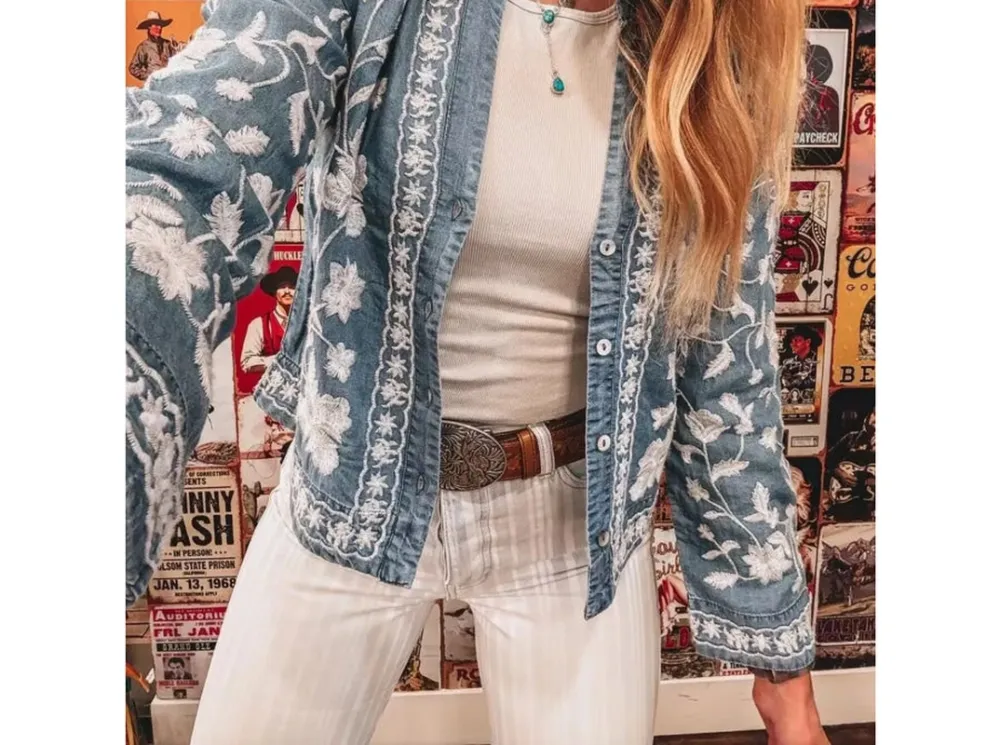 Floral Embroidered Button-Up Denim Shirt