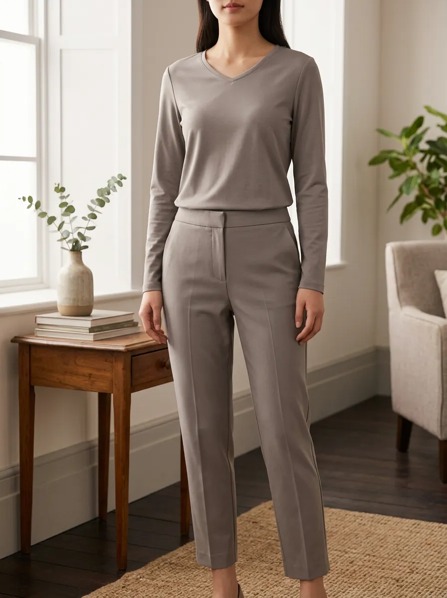 Women's Casual Minimalist Solid Grey Long Sleeve V-Neck Lounge Set