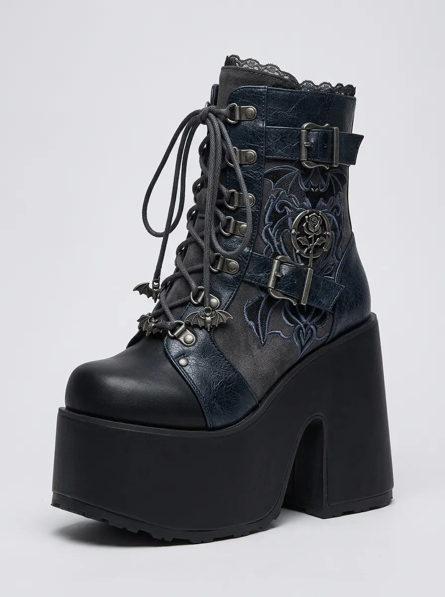 Mystic Bat Rose Buckle Collection Women's Gothic Platform Boots