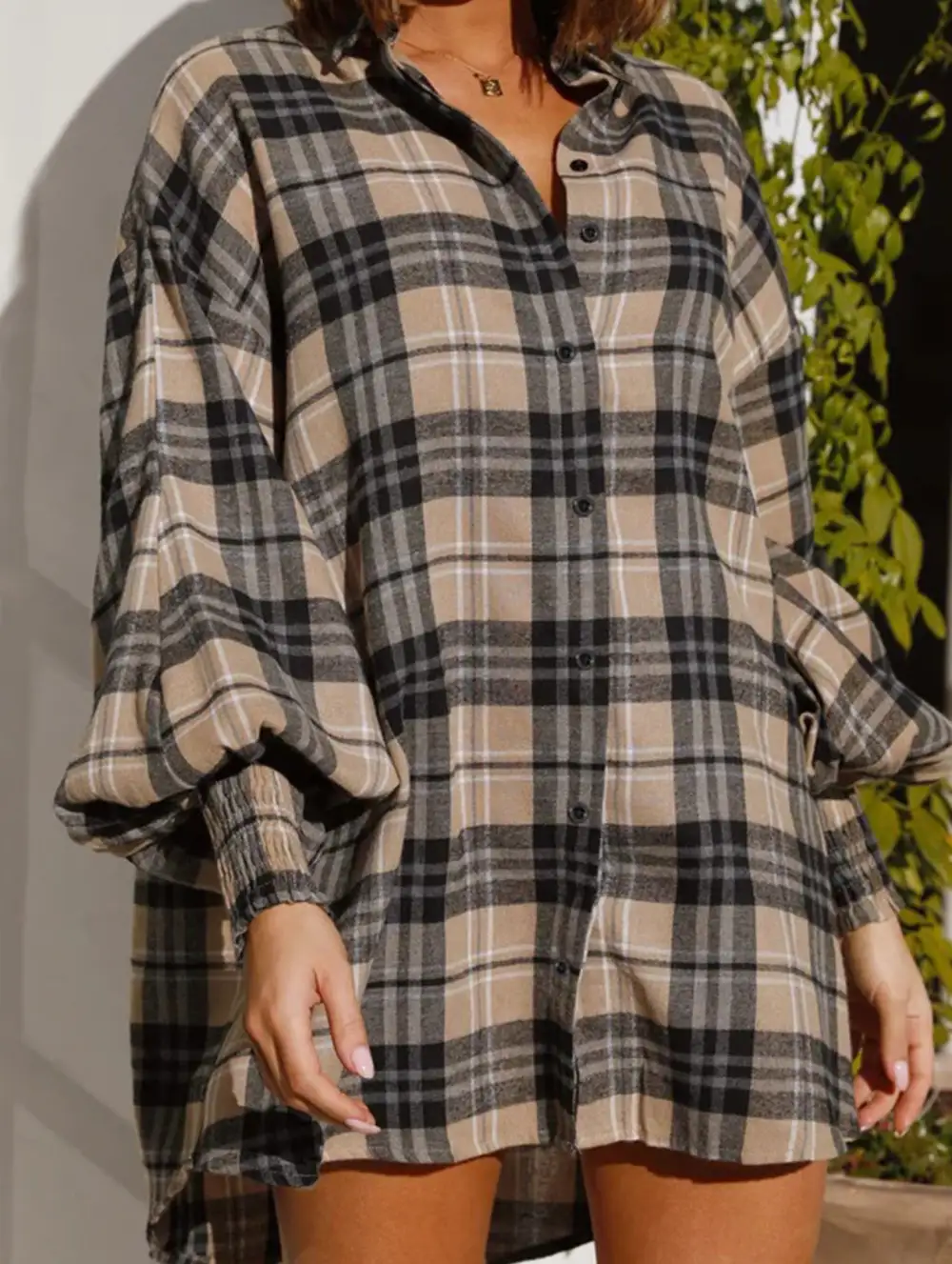Plaid Lantern Sleeve Shirt