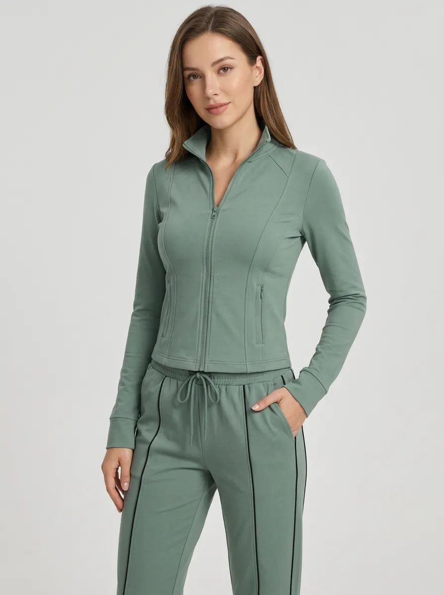 Women's Sage Green Zip-Up Track Jacket and Jogger Set