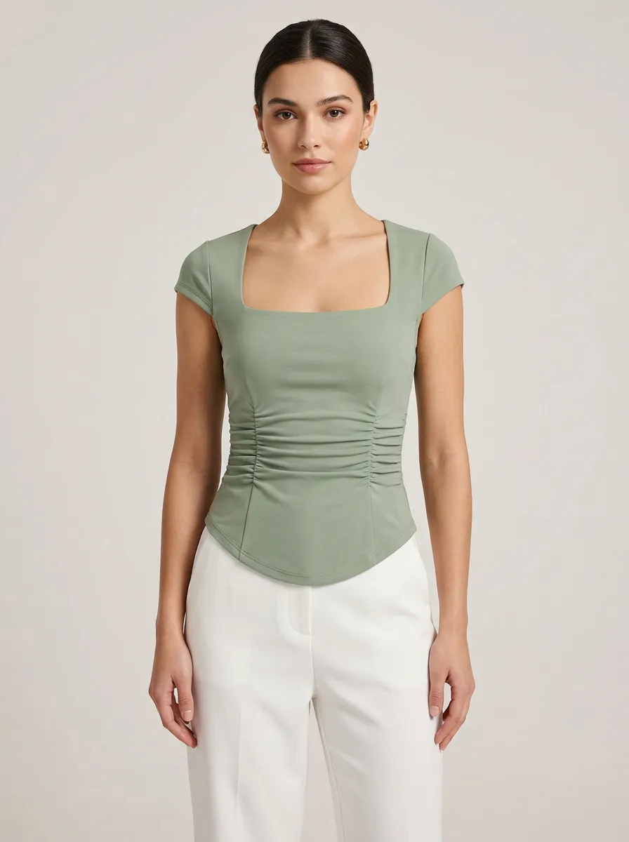 Corset-Style Square-Neck Waist-Ruched Corset-Style Top