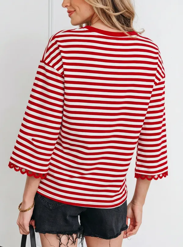 Women's Striped Lace Bracelet Sleeve Top