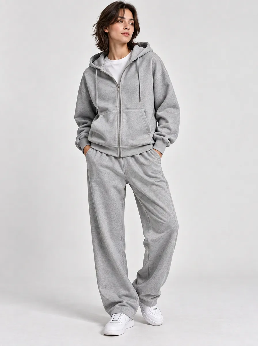 Unisex Relaxed Printed Hooded Zip Tracksuit Set