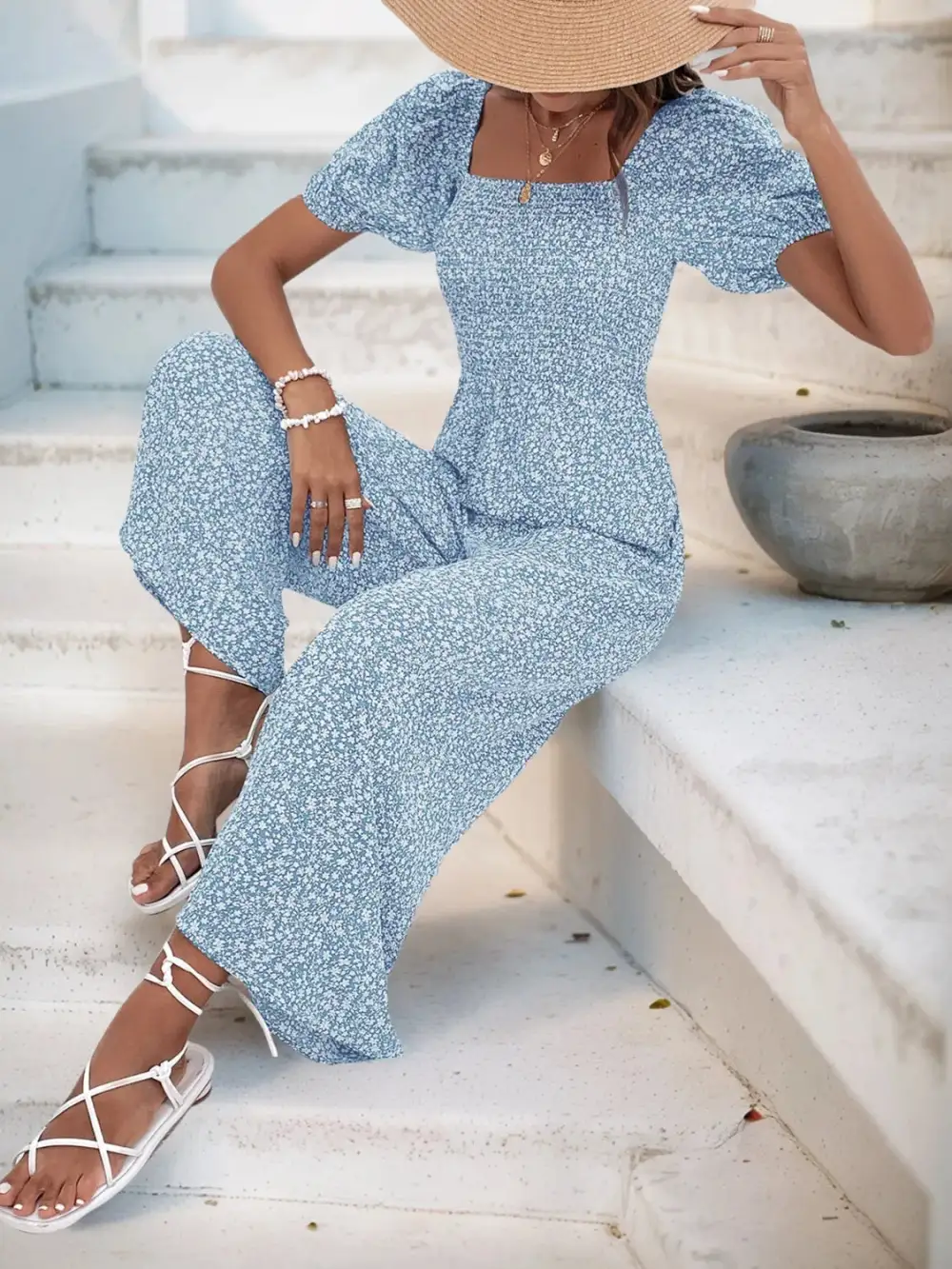Printed Square Neck Puff Sleeve Everyday Jumpsuit