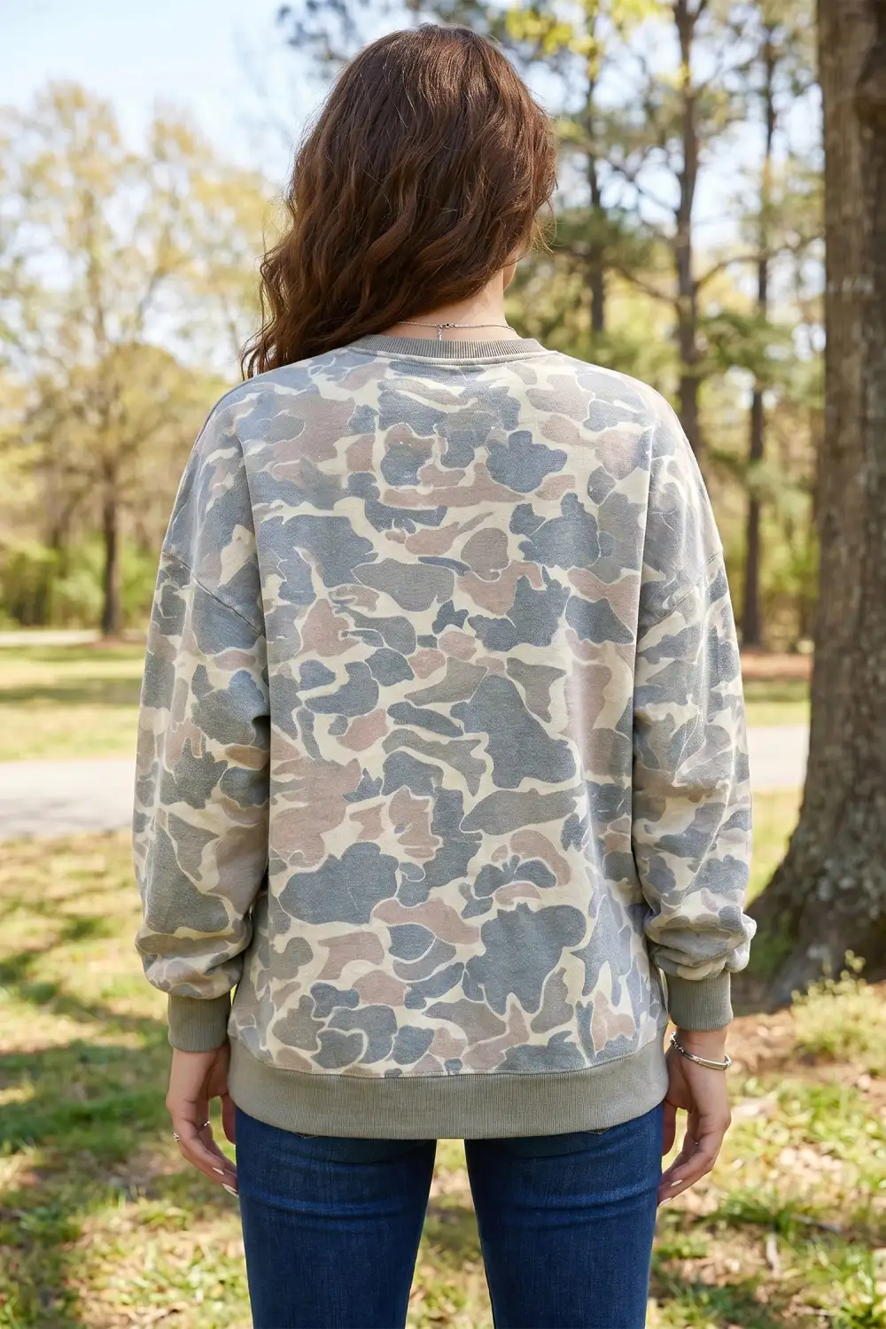 Camo Print Ribbed Pullover Sweatshirt