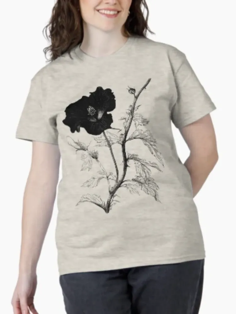 Women's Delicate Black Floral Pattern Print Crew Neck Short-Sleeve T-Shirt