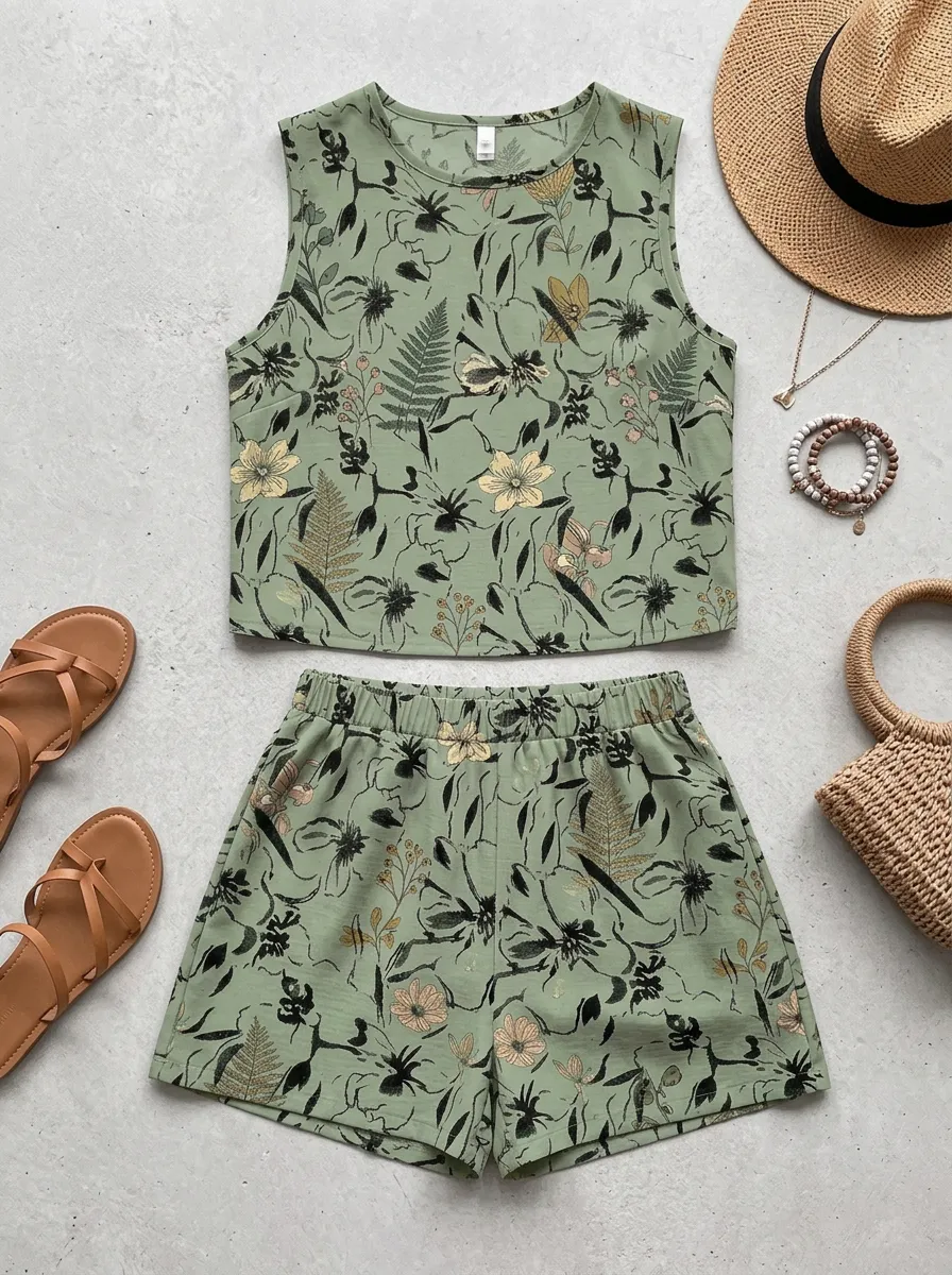 Women's Botanical Garden Floral Fern Printed Sleeveless Short Set