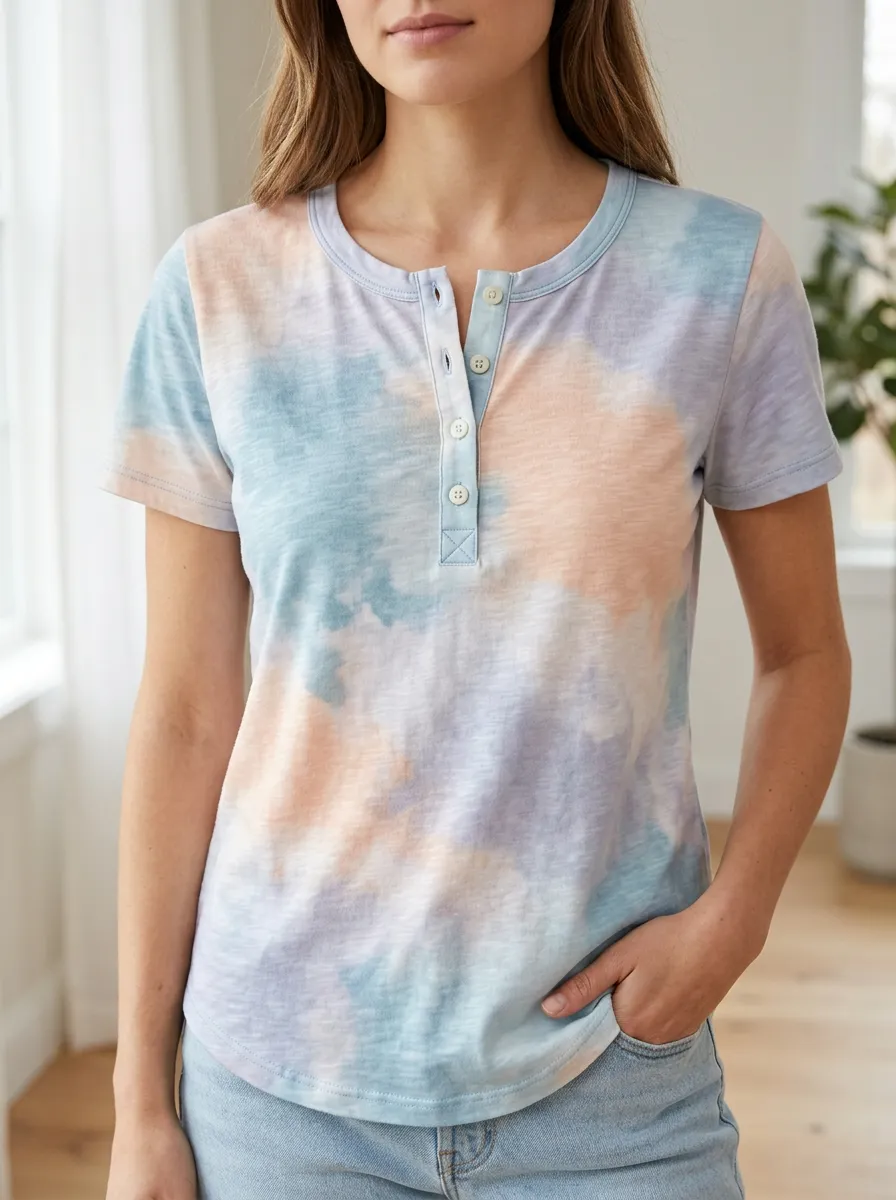 Women's Modern Tie-Dye Buttoned Henley T-Shirt