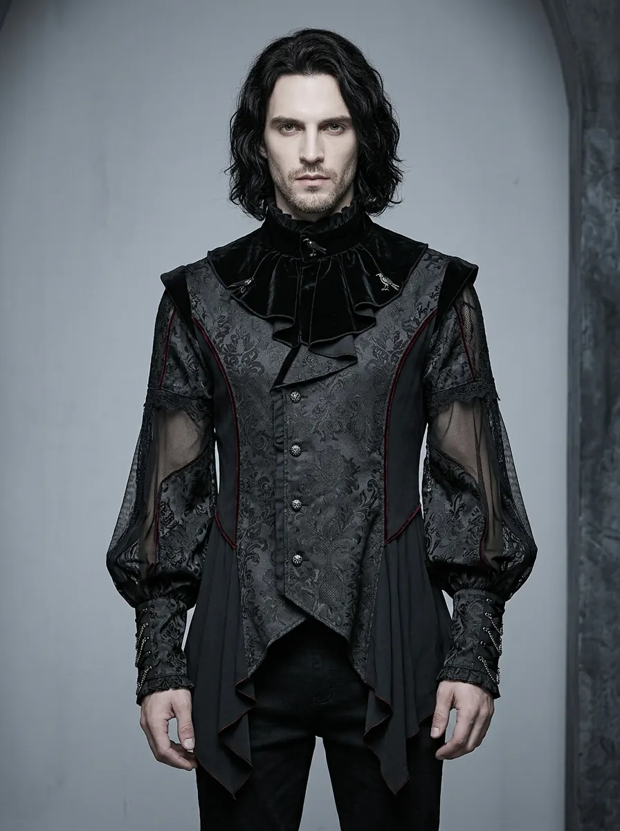 Dramatic Damask Victorian Ruffle Style Men's Gothic Asymmetric Shirt