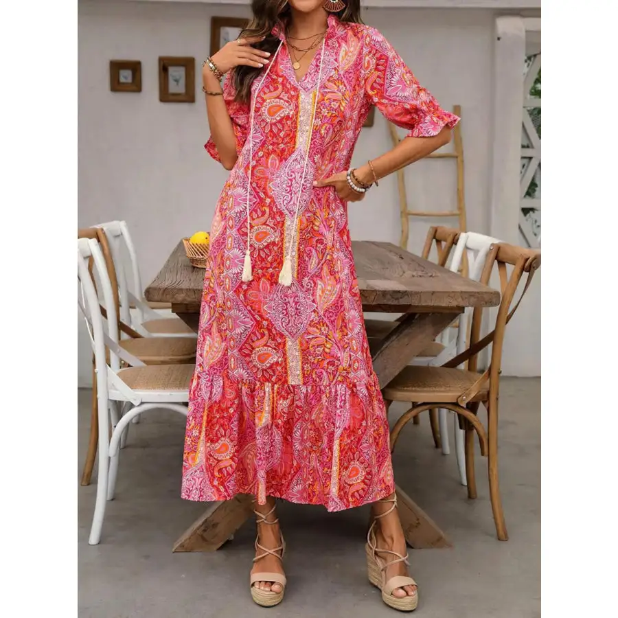 Tie Neck Flounce Sleeve Midi Dress