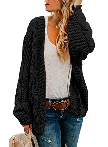Womens Open Front Long Sleeve Chunky Knit Cardigan Sweaters Loose Outwear Coat