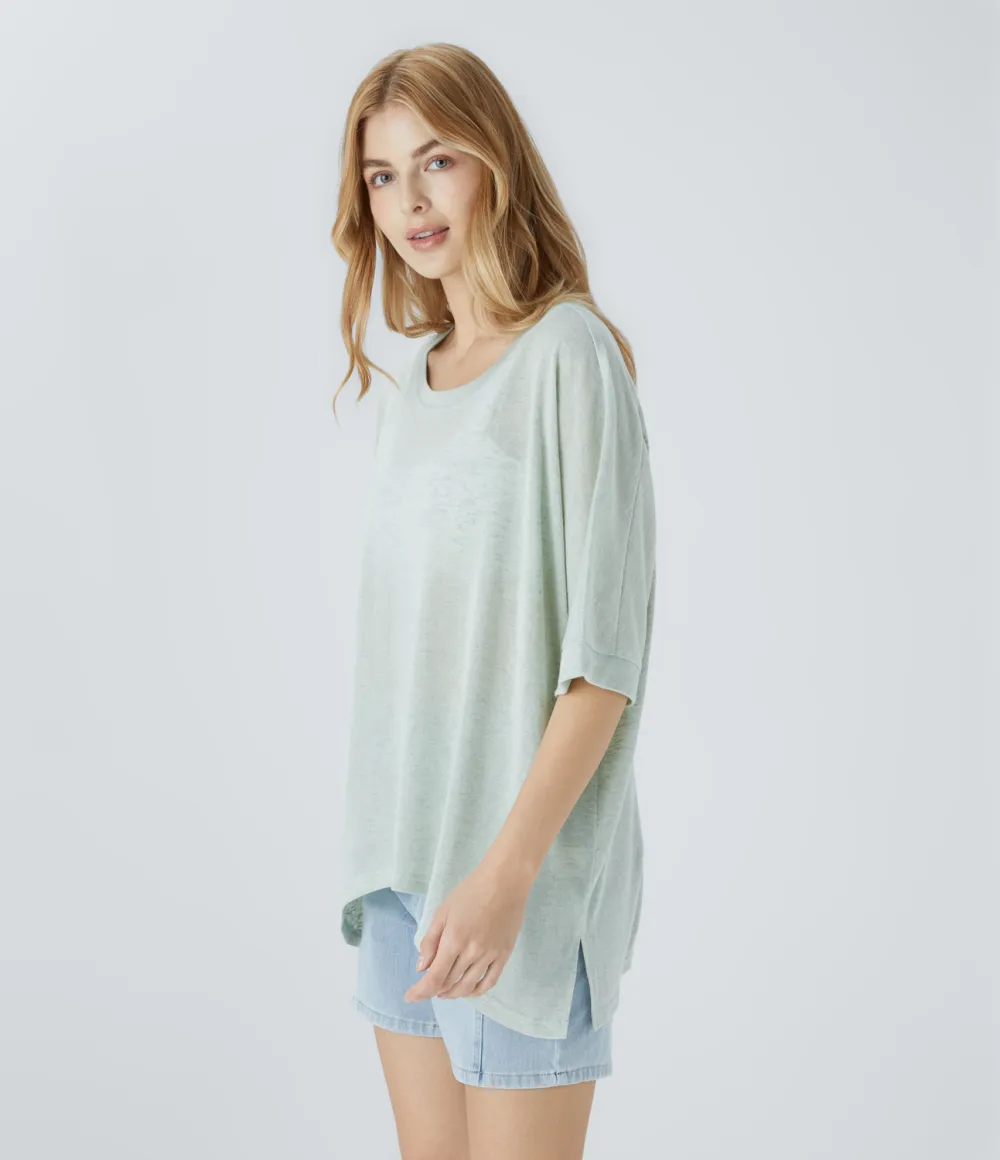 Asymmetric Split Hem Sheer Oversize Casual Top