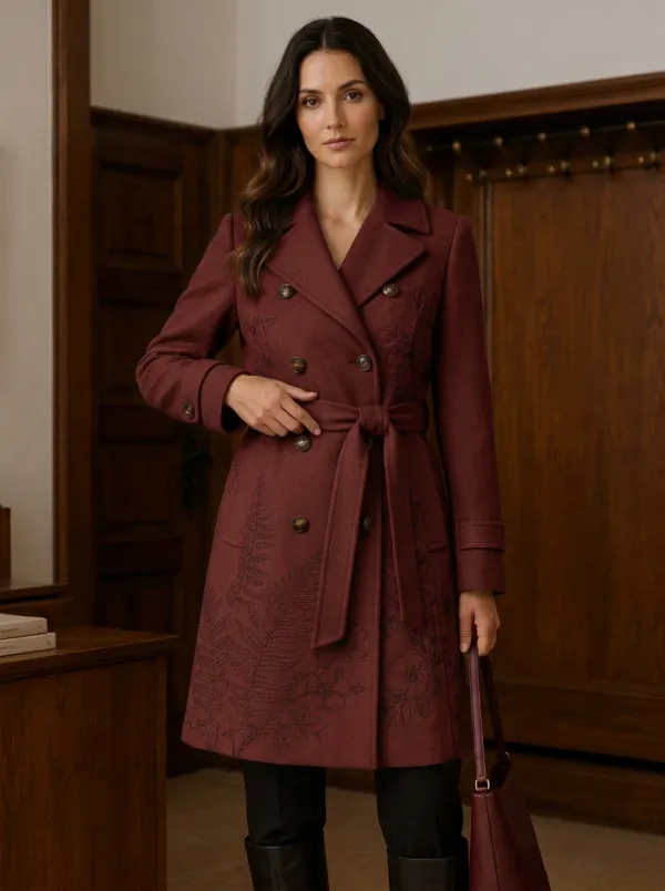 Women's Botanical Fern Floral Printed Camel Trench Coat