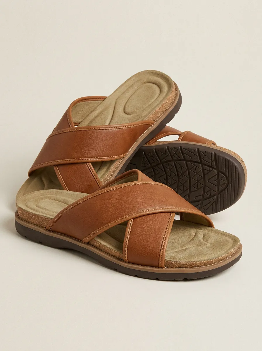 Men's Casual Slides Cross Strap Faux Leather