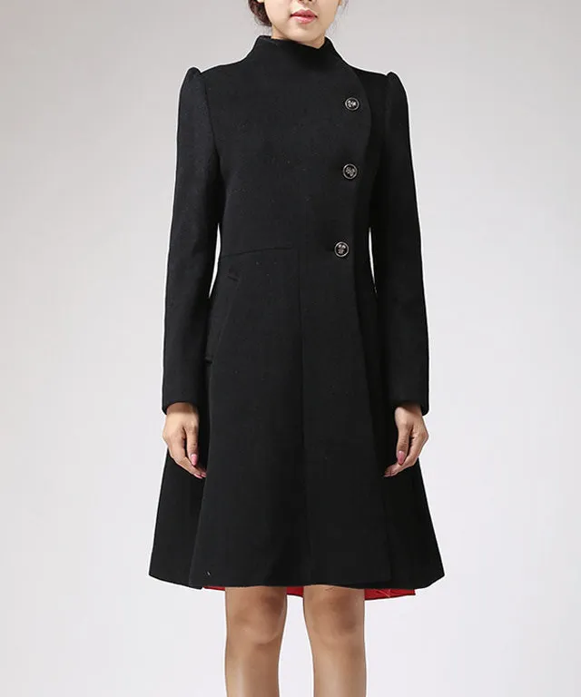 Wool Blend Fit and Flare Asymmetrical Button Front Coat